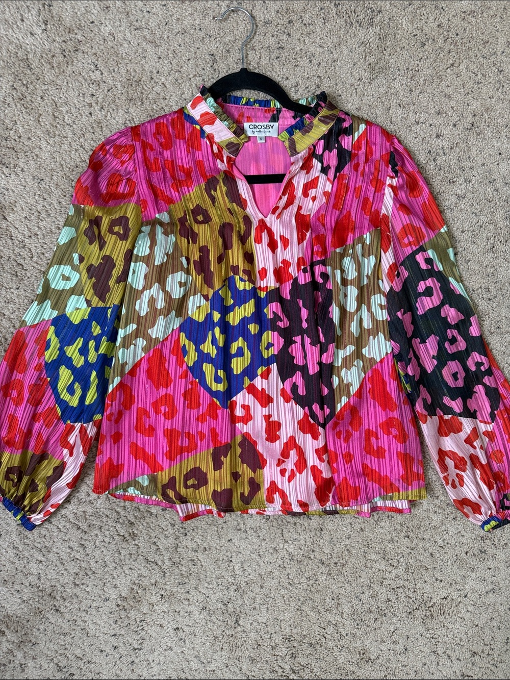Crosby Vibrant Multicolor Animal Print Pleated Blouse - Pink, Blue, Olive S